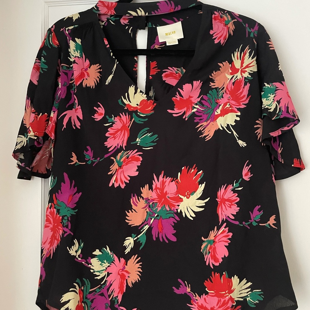 ANTHRO black, floral blouse, size Medium